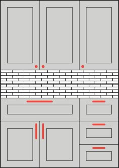 a kitchen with gray cabinets and red lines on the backsplash, as well as white brickwork