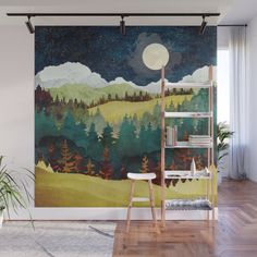 a room with a large painting on the wall