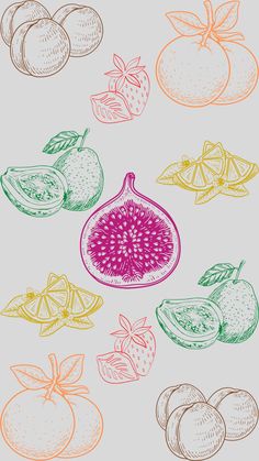 Colored fruit digital drawings Passion Fruit Tattoo, Fruit Line Drawing, Art Deco Branding, Fruit Drawings, Border Design For Project, Drawing Fruit, Sketchbook App, Design For Project