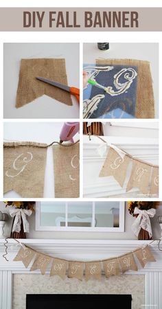 four pictures showing how to make burlap banners with scissors and glue on them