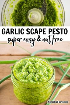 Collage image, top is a food processor bowl with pesto, bottom a jar of pesto. Text overlay says Garlic Scape Pesto Super Easy & Nut Free. Nut Free Pesto, Harvesting Garlic, How To Make Pesto, Side Dish Recipes Easy