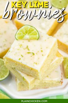 key lime brownies are stacked on top of each other with the words key lime brownies