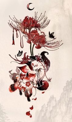 an artistic painting with red flowers and birds flying over the top of it on a white background