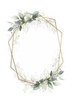 a watercolor wreath with greenery and gold geometric frame on a white background illustration