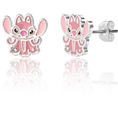 two pairs of pink enamel cat and mouse stud earrings with crystal stones on the backs