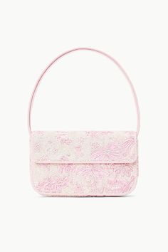 Back in a cherry blossom pink update, the best-selling Tommy Bag is a hand-beaded shoulder bag with vegan leather piping. This style features a single flap closure, inner zip pouch and magnetic pocket on the back. Tommy Beaded Bag, Tas Fashion, White Purse, Girly Bags, Accessories Style, Handbags Fashion, Fancy Bags, Beaded Bag, Beaded Handbag