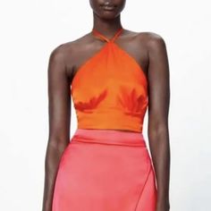 New Zara Halter Tie Satin Crop Top In Orange! Perfect For Summer Outfits (Without Tag) Satin Crop Top, Orange Top, Gameday Outfit, Neon Orange, Zara Tops, Color Orange, Illinois, Summer Outfits, Crop Top