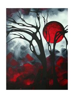 three paintings depicting trees with red and black colors