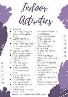 a purple poster with the words indoor activities written in black and white, on top of it