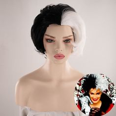 Look After Me:Washable,Hand wash; Gender:Women's; What's in the box:Wig; Types:Lolita Wigs; Style:Halloween,Trendy,Gothic; Age Group:Adults,Teen; Characters:Cruella De Vil; Cosplay Works:101 Dalmatians; Cosplay Category:Cosplay Wigs; Wig Fiber:Heat Resistant Fiber; Wig Length Range:12; Color Shade:Black,White; Hair Material:Synthetic Hair; Head Circumference:55; Texture:Curly; Net Weight:0.2; Heat Resistant:Yes; Listing Date:07/14/2021; Production mode:Self-produce; Cap Circumference:null; Front Hairstyle Bob, 101 Dalmatians Cruella, Anime Wigs, Halloween Wigs, White Blonde, 101 Dalmatians, Wigs Online, Middle Part, Costume Wigs