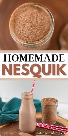 homemade nessquik in a glass jar on a wooden tray with spoons next to it