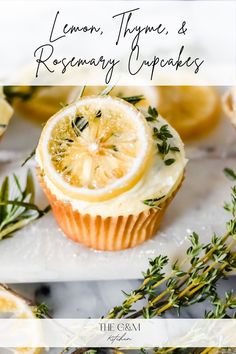 lemon, thyme and rosemary cupcakes with text overlay