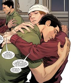 two men hugging each other in the middle of a comic page, with one man holding another