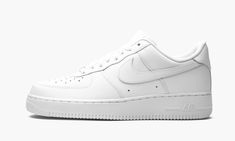 The Nike Air Force 1 Low “White on White” is one of the most popular and best-selling sneakers of all time. An essential for any collection, the all-white Air Force 1 Low is a versatile design that can be worn with virtually anything. The classic sneaker features a white leather upper with a mesh inner lining and solid white rubber outsole. A metallic silver “AF-1” lace dubrae completes the iconic look. The “triple white” Air Force 1 is a staple on the streets, and will continue to be in style f All White Air Forces, White Air Force 1, White Air Forces, White Casual Shoes, White On White, Force One, Stadium Goods, Nike Air Force 1 Low, Air Max Plus