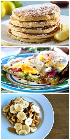 four different plates with pancakes, bananas and other breakfast foods on them are shown in this collage