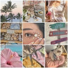 a collage of photos with flowers, beach signs and other things in the background