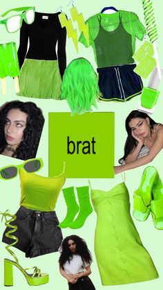 a collage of green and black clothing with the word brat on it in large letters