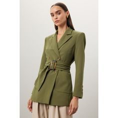 Green twill (78% Polyester 16% Rayon  6% Lycra). Blazer. Long sleeves. Collar. Front button closure. 30" from shoulder to hemline. Imported. Spring Blazer With Belted Cuffs And Lapel Collar, Spring Double-breasted Blazer With Belted Cuffs, Classic Blazer With Belted Cuffs For Spring, Classic Spring Blazer With Belted Cuffs, Khaki Blazer With Button Cuffs For Work, Olive Notch Lapel Blazer For Work, Khaki Blazer For Business In Spring, Khaki Workwear Blazer With Button Closure, Khaki Business Blazer For Spring