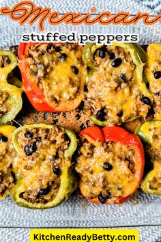 mexican stuffed peppers on a plate with the title in the middle and an image above it