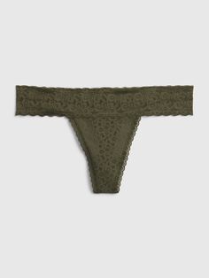 Sheer lace, minally lined.  Thick elasticized lacy trim waistband.  Scalloped hem at leg opening. Fitted Lace Trim Briefs, Seamless Lace Bottoms For Summer, Stretch Lace Trim Intimate Briefs, Seamless Lace String Bottoms, Scalloped Trim, Lace Thong, Scalloped Hem, Moss Green, Sheer Lace