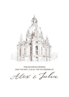 a wedding card with the words save the date and an image of a building in black ink