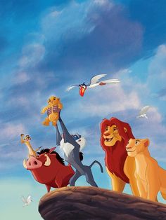 the lion king and other disney characters standing on top of a rock