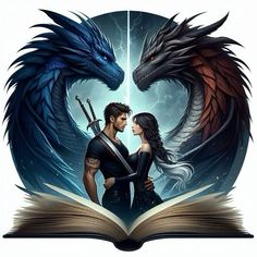 a man and woman standing next to each other in front of an open book with two dragon