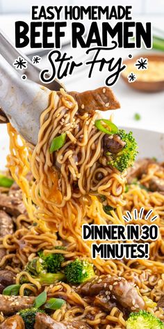 someone is eating noodles with broccoli and beef in it, while the title says easy homemade beef ramen stir fry