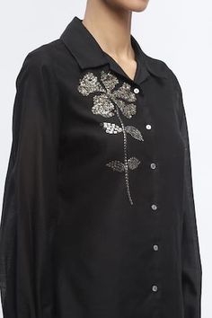 Black shirt, elevated with floral, sequin embroidery. - Aza Fashions Floral Embroidered Shirt, Sanya Malhotra, Rohit Bal, Sequin Embroidery, Jacqueline Fernandez, Shirts Black, Sequins Embroidery, Modern Bride, Women Tops