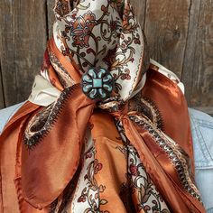 Wild Rags WRC2179A Burnt Orange & Tan Wild Rag / Scarf -W120L Slide WRC2179A Western Scarf, Wild Rags, Rodeo Events, Turquoise Western, Scarf Trends, Wild Rag, Turquoise Cross, Leather Flowers, Music Fashion