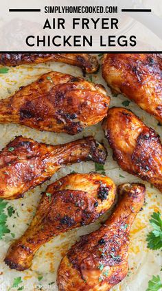 grilled chicken legs with parsley on top and text overlay that says air fryer chicken legs