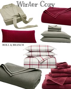 various blankets and pillows are shown with the words winter cozy