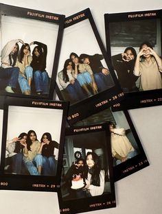 four polaroid pictures of people posing for the camera