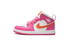 a pink and white shoe with orange accents