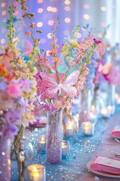 38 Enchanting Butterfly Baby Shower Centerpieces You’ll Love Enchanted Baby Shower Centerpieces, Butterfly Birthday Theme Ideas, Flower Butterfly Baby Shower Theme, Butterfly Ideas, Butterfly Themed Centerpieces, Butterfly Tablescape, Enchanted Butterfly Baby Shower Theme, Butterfly Birthday Party Ideas