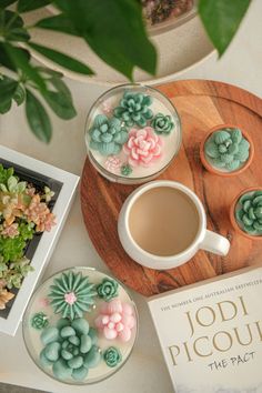 there are some succulents on the tray next to a cup of coffee