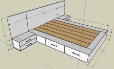 a drawing of a bed with drawers on the bottom and sides, along with measurements