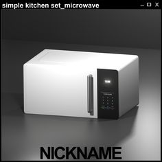 a white microwave oven sitting on top of a black counter next to the words, simple kitchen set microwave