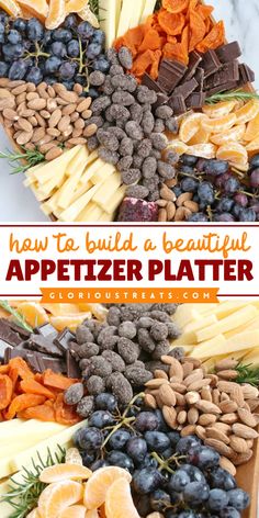 Learn how to build a Beautiful Appetizer Platter for the best Holiday appetizer! This gourmet appetizer platter recipe is filled with fruits, cheese, nuts, and chocolates. Perfect for New Year's Eve food ideas! Save this for the best game day appetizer now! New Year's Eve Food, Nuts And Chocolate, Best Holiday Appetizers, Appetizer Platter, Dried Peaches, Gourmet Appetizers, New Years Eve Food, Chocolate Covered Almonds, Chocolate Covered Fruit