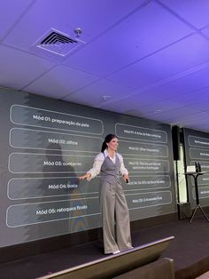 a woman standing in front of a projector screen