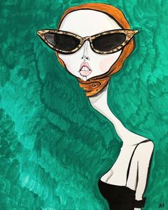 a drawing of a woman wearing sunglasses and a scarf around her neck, with green background