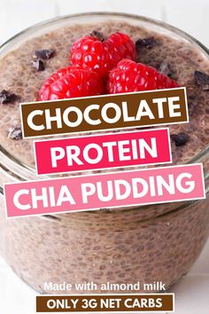 chocolate protein chia pudding made with almond milk and only 3g net carbs