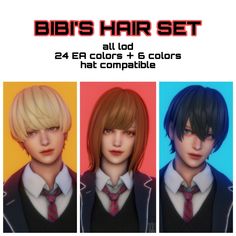 three anime avatars with short hair and ties, all in different colors to match