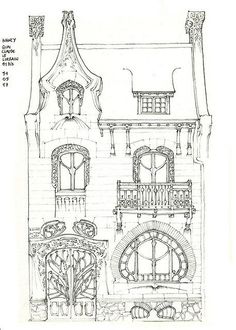 an architectural drawing of a house with arched windows and balconies on the second floor