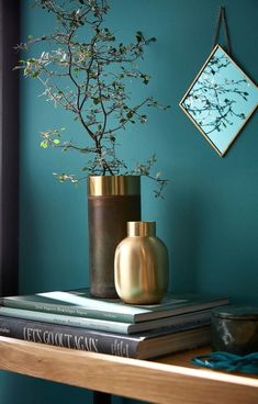 two vases are sitting on top of books in front of a window with blue walls