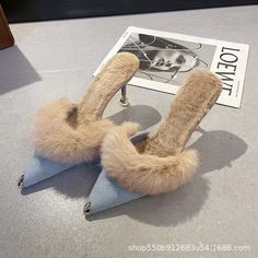 Fur Slippers Mules Pointed Toe Elegant High Heels Shoes Women's Autumn New Furry Slides Flip Flops Cut Clothes, Elegant High Heels, Heeled Mules Sandals, High Heels Shoes, Fur Slippers, Looks Street Style, Mode Inspo, Looks Chic, Heels Shoes