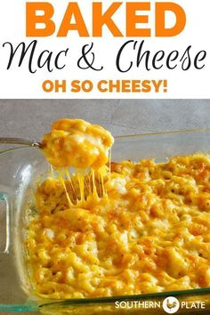 baked macaroni and cheese in a casserole dish with text overlay