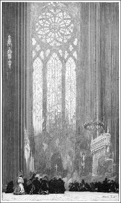 an old black and white drawing of people in a church with stained glass windows on the walls