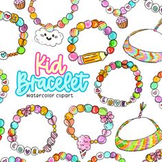 a bunch of colorful bracelets and other items on a white background with the words kid bracelet