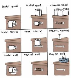 several different types of toilet paper on top of a wooden cabinet with words above it